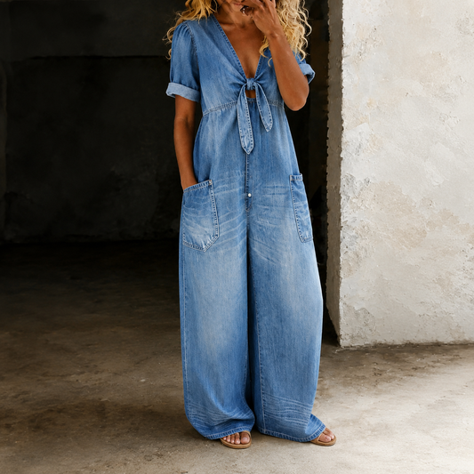 Jimena | Denim Jumpsuit with Bow Neckline