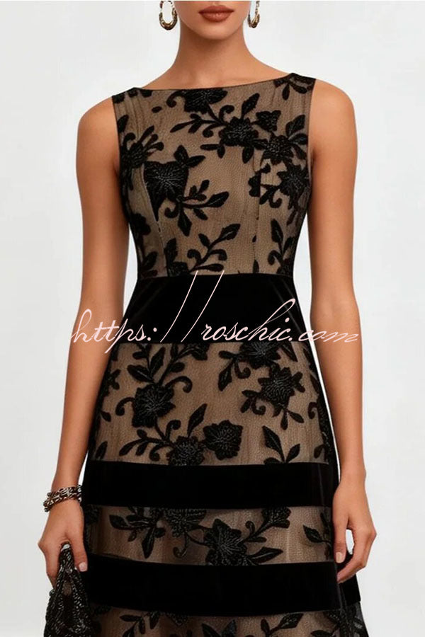 Rosmie Flower Mesh Lace Colorblock Boat Neck Sleeveless A-Line Midi Dress