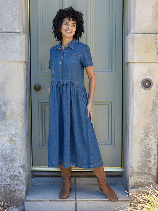 Rhiona Set-In Short Sleeve Denim Shirt Dress - Blue