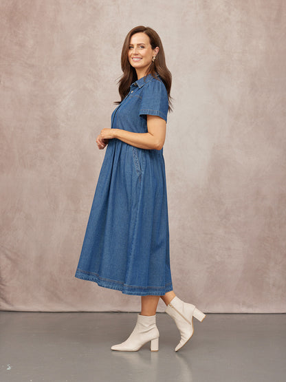 Rhiona Set-In Short Sleeve Denim Shirt Dress - Blue
