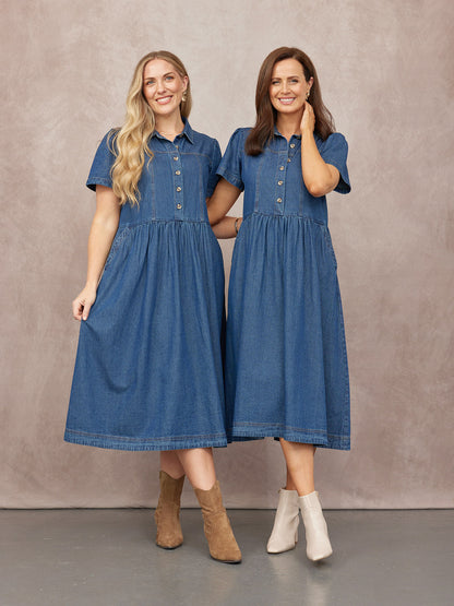 Rhiona Set-In Short Sleeve Denim Shirt Dress - Blue