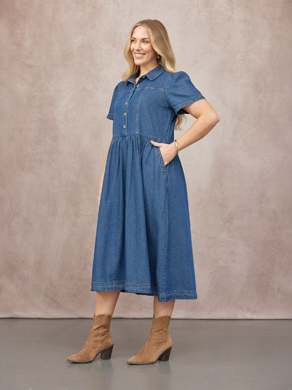 Rhiona Set-In Short Sleeve Denim Shirt Dress - Blue