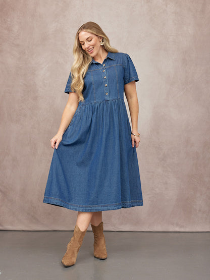 Rhiona Set-In Short Sleeve Denim Shirt Dress - Blue