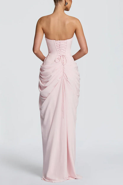 Cyra | Strapless Pleated Maxi Dress with Back Tie