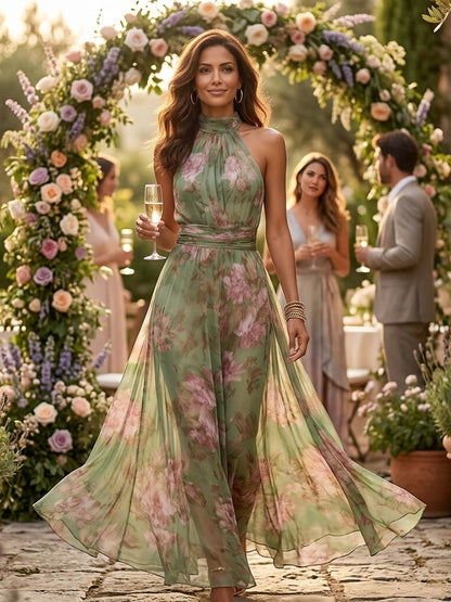 Amila | Floral Chiffon Halter Maxi Dress
