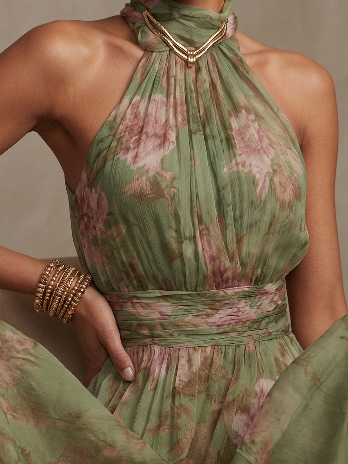 Amila | Floral Chiffon Halter Maxi Dress