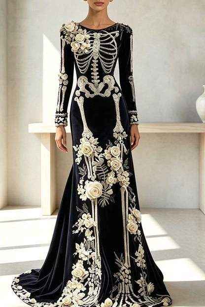 Luxury skull embroidered velvet dress