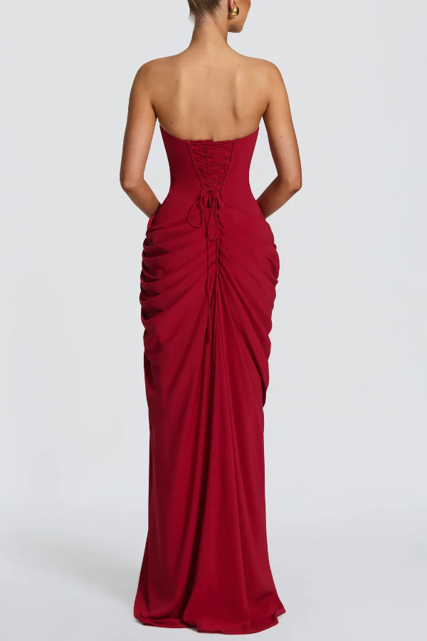 Cyra | Strapless Pleated Maxi Dress with Back Tie