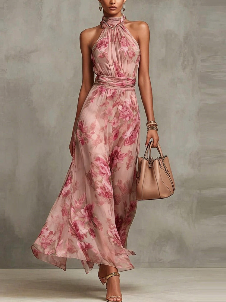 Amila | Floral Chiffon Halter Maxi Dress