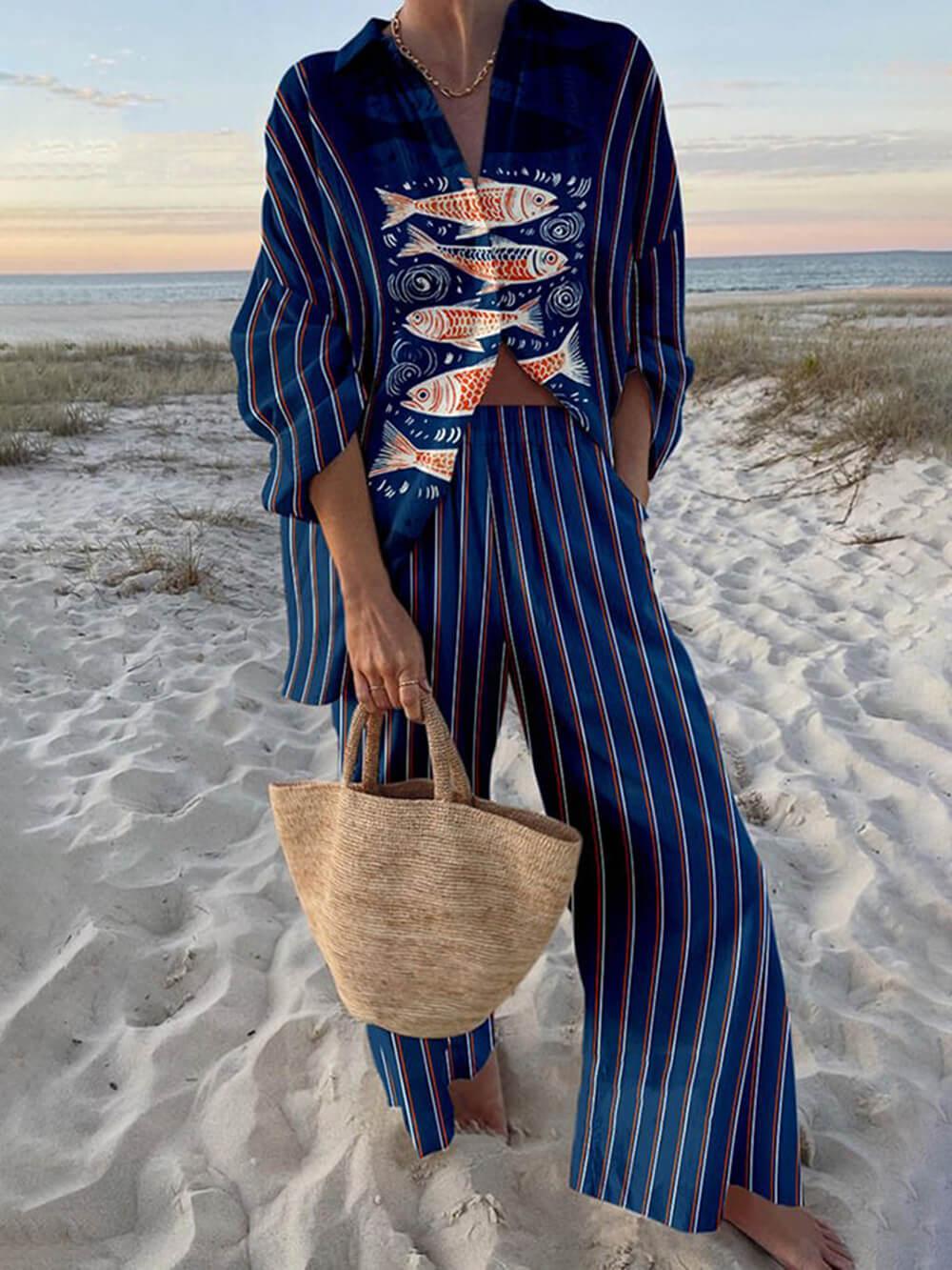 Tracy | Ocean Print Oversized Shirt and Trouser Set
