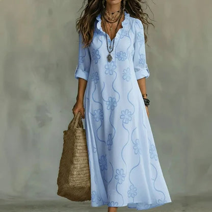 Jazmín |  Vestido maxi boho negro, bordado floral tono sobre tono, manga remangable