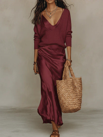 Chiara | Conjunto de Dos Piezas de Vestido Lencero y Jersey de Punto de Algodón