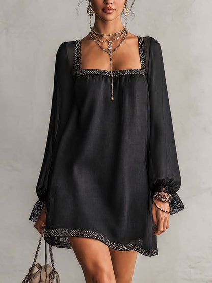 Vera | Black Mini Dress with Rhinestone Trim