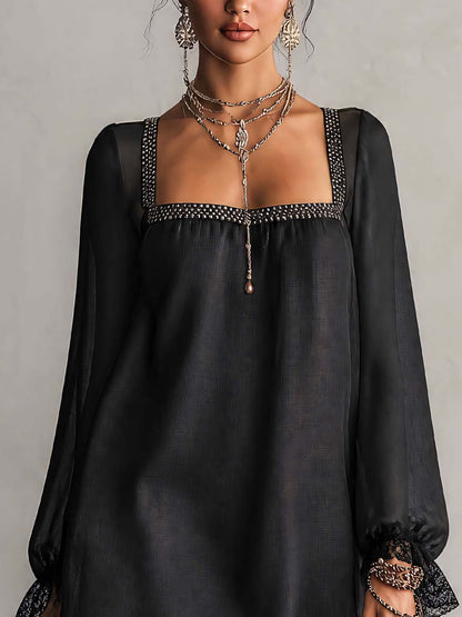 Vera | Black Mini Dress with Rhinestone Trim