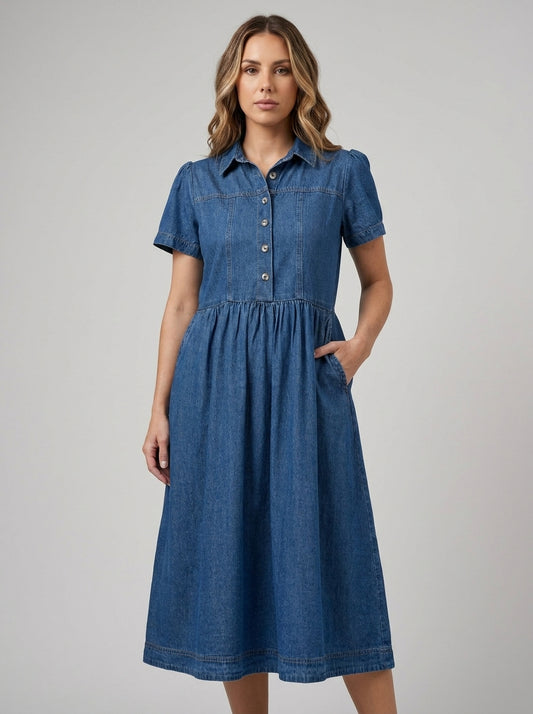 Sheila | Vestido Camisero Vaquero de Manga Corta