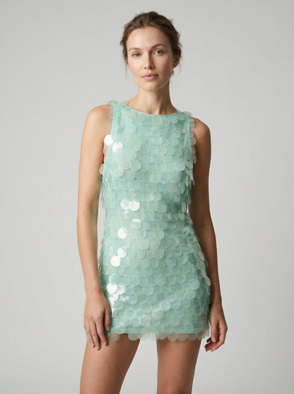 Lily|Vestido mini sin mangas con lentejuelas, escote barco, espalda al aire y brillo