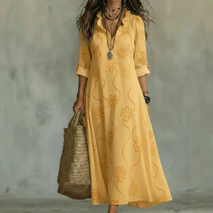 Jazmín |  Vestido maxi boho negro, bordado floral tono sobre tono, manga remangable