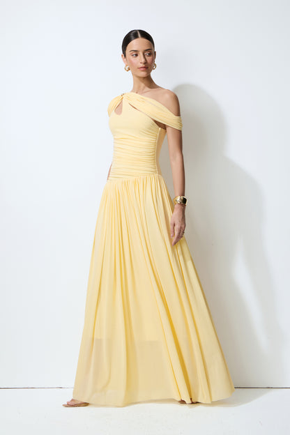 Vestido largo amarillo, perfil