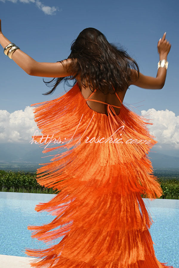 Dynamic Beauty Layered Tassel Design Back Tie-up Maxi Dress