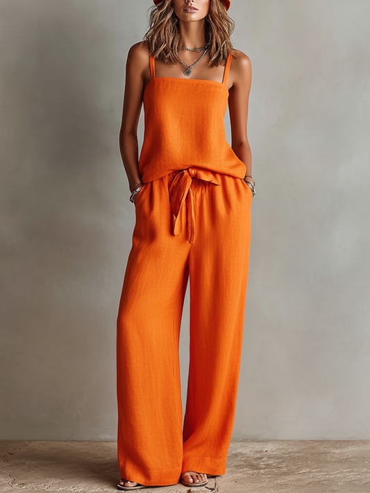 Sofía | Square-Neck Linen Set with Wide-Leg Pants