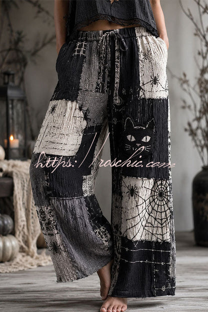 Halloween Dark-themed Printed Wide-Leg Pants