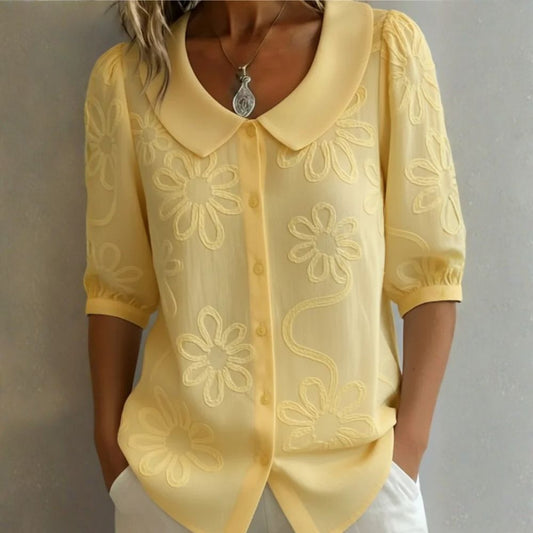 Alba | Voile Blouse with Tonal Botanical Embroidery