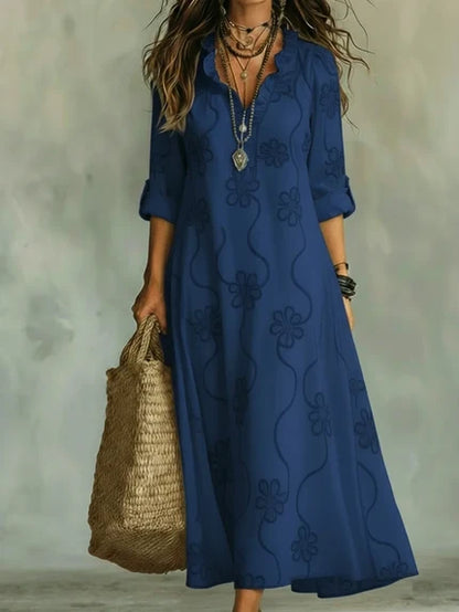 Jazmín |  Vestido maxi boho negro, bordado floral tono sobre tono, manga remangable