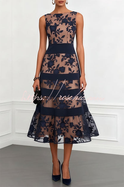 Rosmie Flower Mesh Lace Colorblock Boat Neck Sleeveless A-Line Midi Dress