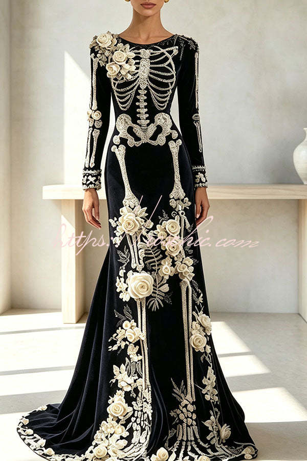 Luxury skull embroidered velvet dress
