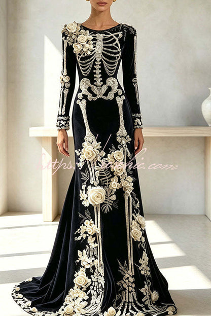 Luxury skull embroidered velvet dress