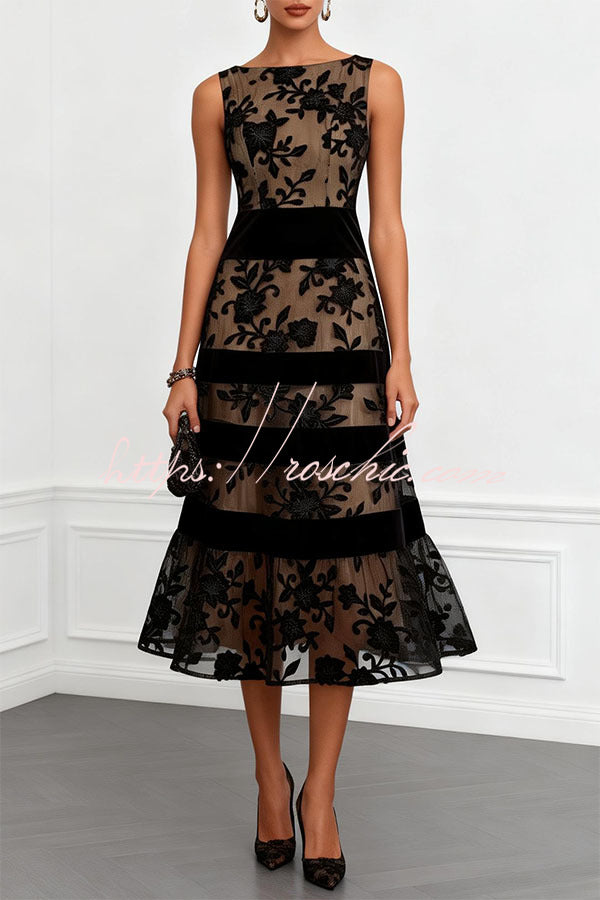 Rosmie Flower Mesh Lace Colorblock Boat Neck Sleeveless A-Line Midi Dress