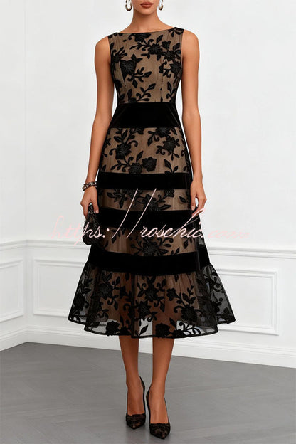 Rosmie Flower Mesh Lace Colorblock Boat Neck Sleeveless A-Line Midi Dress