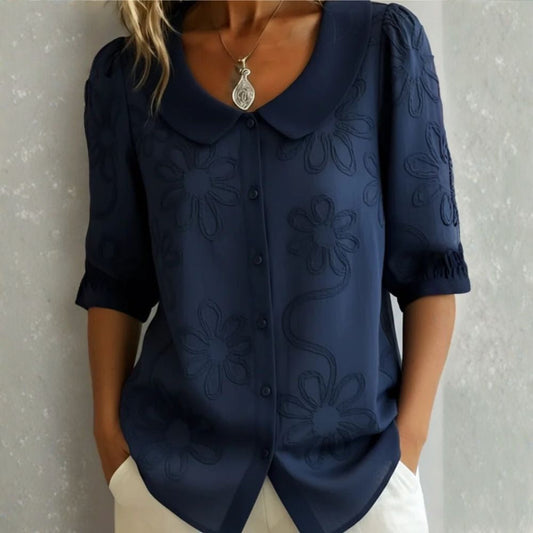 Alba | Voile Blouse with Tonal Botanical Embroidery