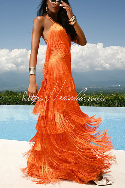 Dynamic Beauty Layered Tassel Design Back Tie-up Maxi Dress