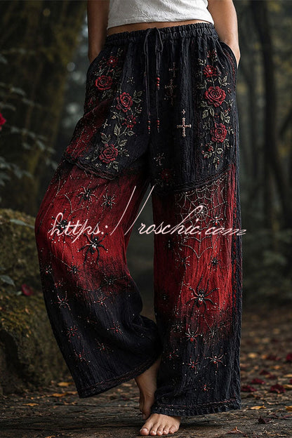 Halloween Dark-themed Printed Wide-Leg Pants