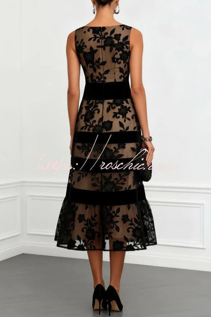 Rosmie Flower Mesh Lace Colorblock Boat Neck Sleeveless A-Line Midi Dress