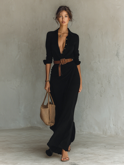 Elvira | Belted Lapel Maxi Dress