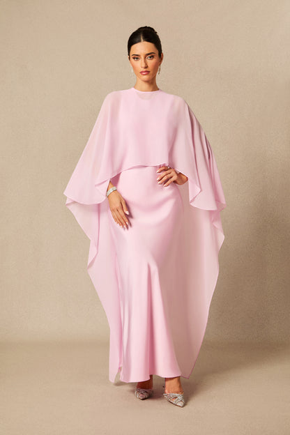 Vestido largo con capa, rosa