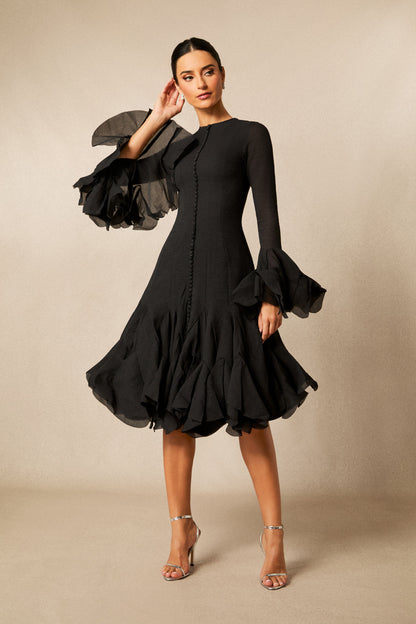 Vestido midi manga larga en negro, frontal
