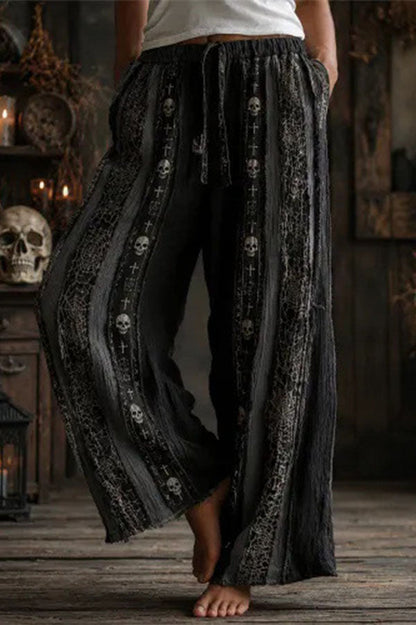 Halloween Dark-themed Printed Wide-Leg Pants