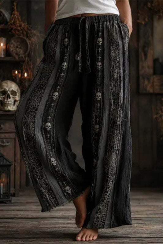 Halloween Dark-themed Printed Wide-Leg Pants