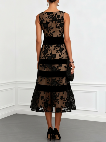 Almudena | Vestido Midi de Tul Bordado con Franjas de Terciopelo