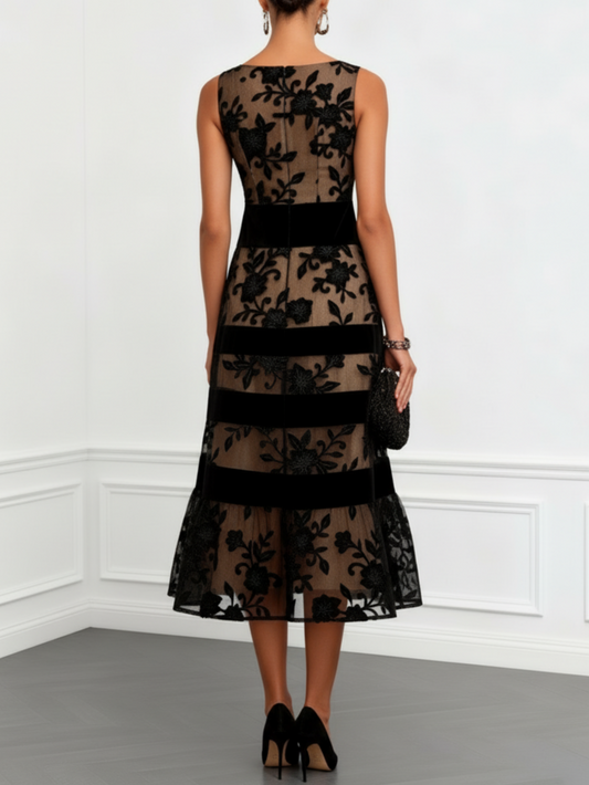 Almudena | Embroidered Tulle Midi Dress with Velvet Bands