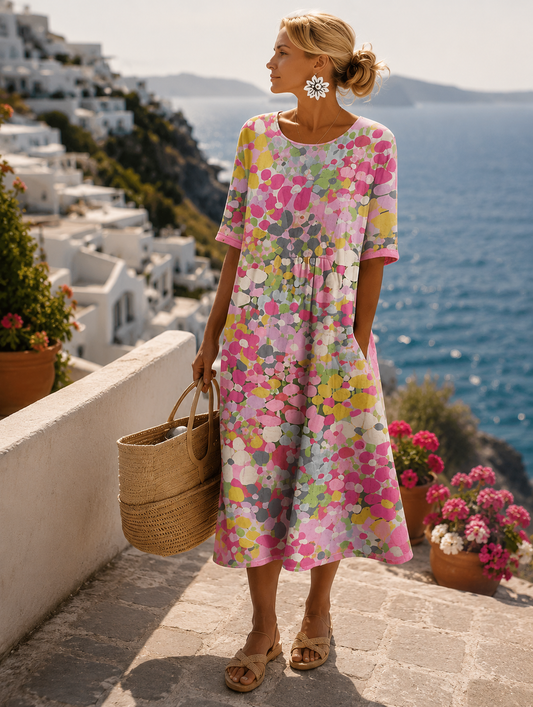 Manuela | A-line Linen Dress with Watercolor Print