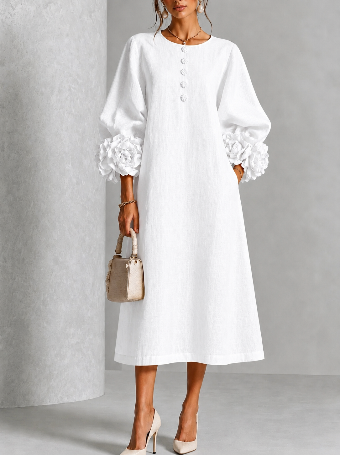 Rose | Floral Button-down Midi Dress With Striking Floral Cuffs