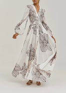 Tillie Volume Sleeve Embroidered Dress | White/Merlot