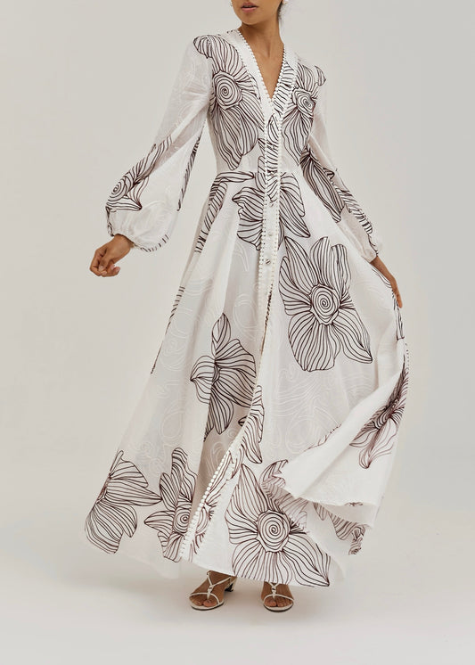 Tillie Volume Sleeve Embroidered Dress | White/Merlot