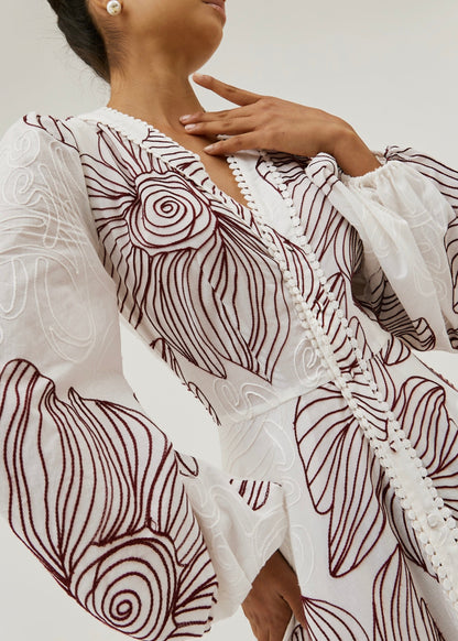 Tillie Volume Sleeve Embroidered Dress | White/Merlot