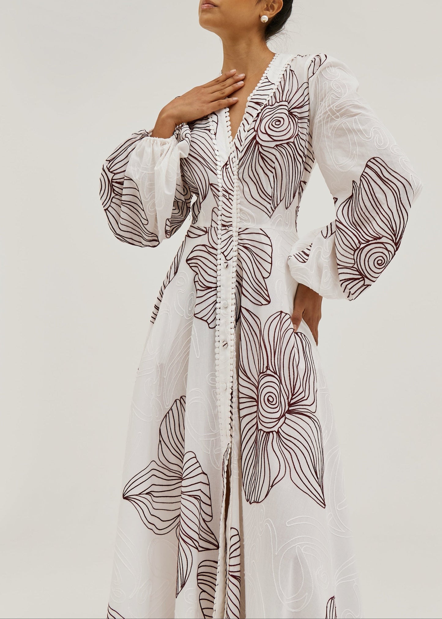 Tillie Volume Sleeve Embroidered Dress | White/Merlot
