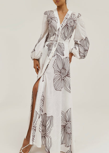 Tillie Volume Sleeve Embroidered Dress | White/Merlot